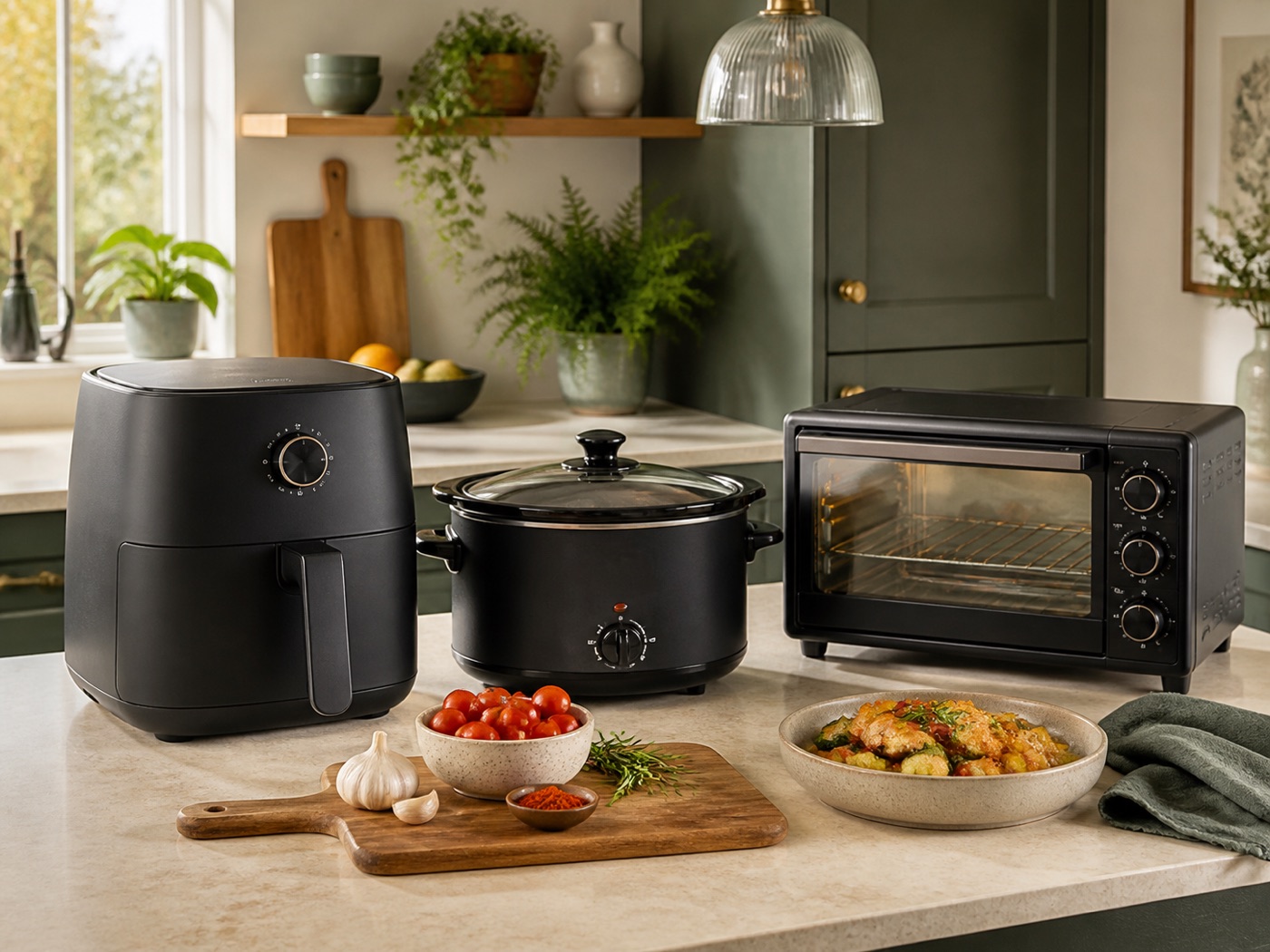 Air fryer, slow cooker and mini oven on a warm kitchen worktop