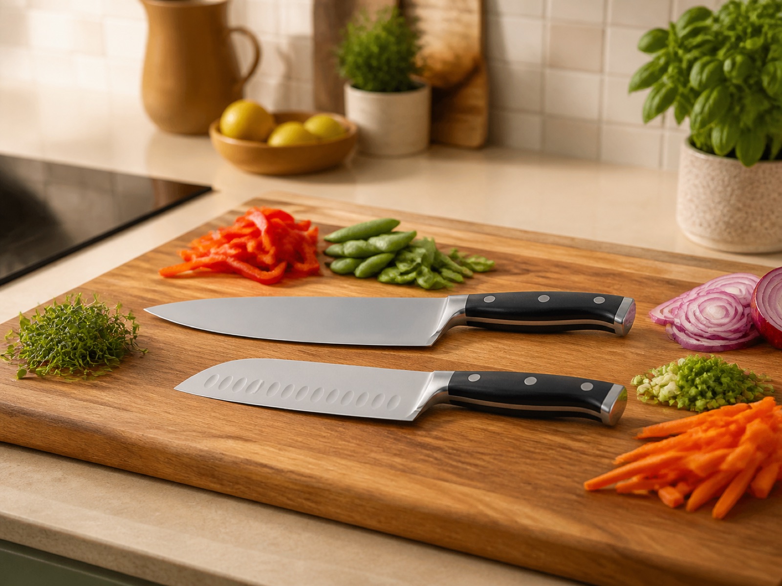 Chef’s knife and santoku knife safely arranged with prepared vegetables