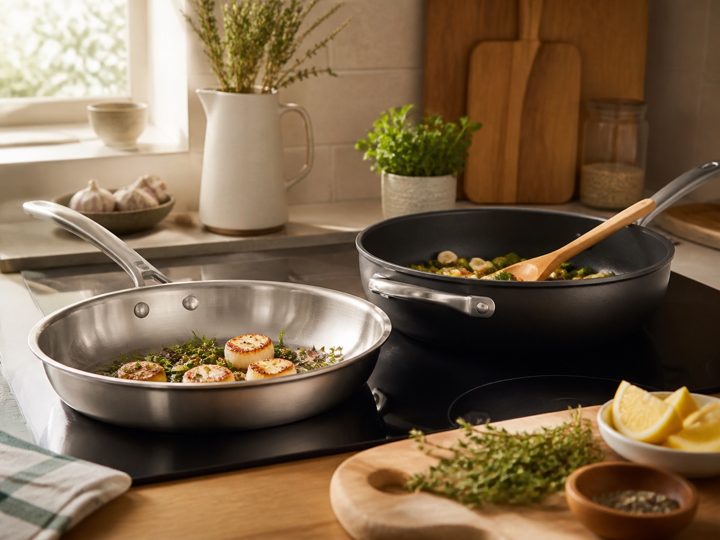 Stainless-steel and non-stick pans on a kitchen hob