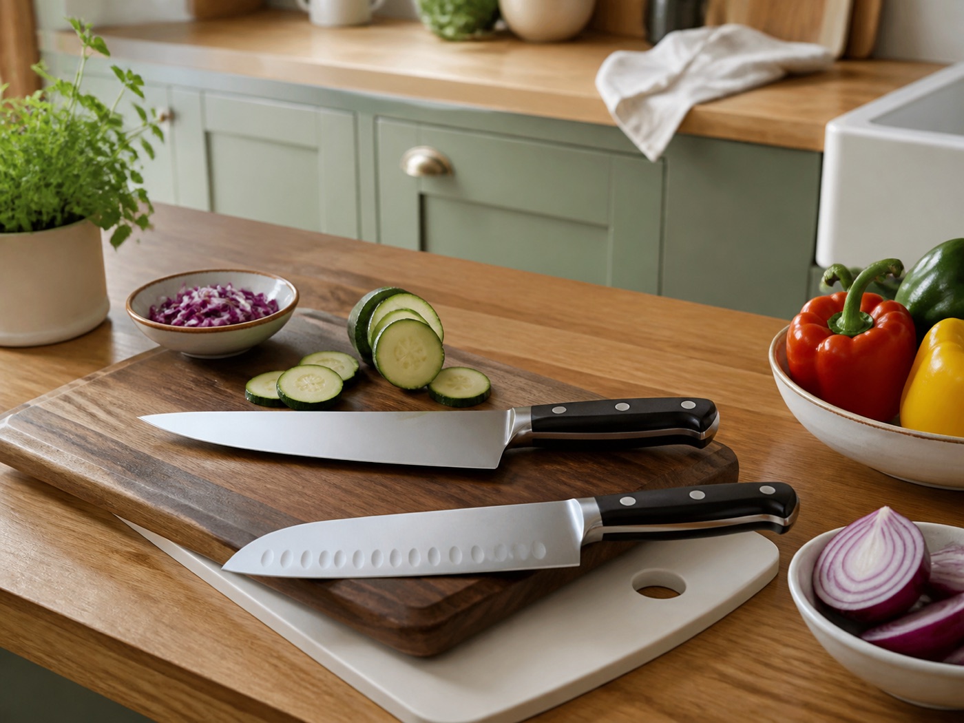 Chef’s knife and santoku knife on wooden and plastic chopping boards