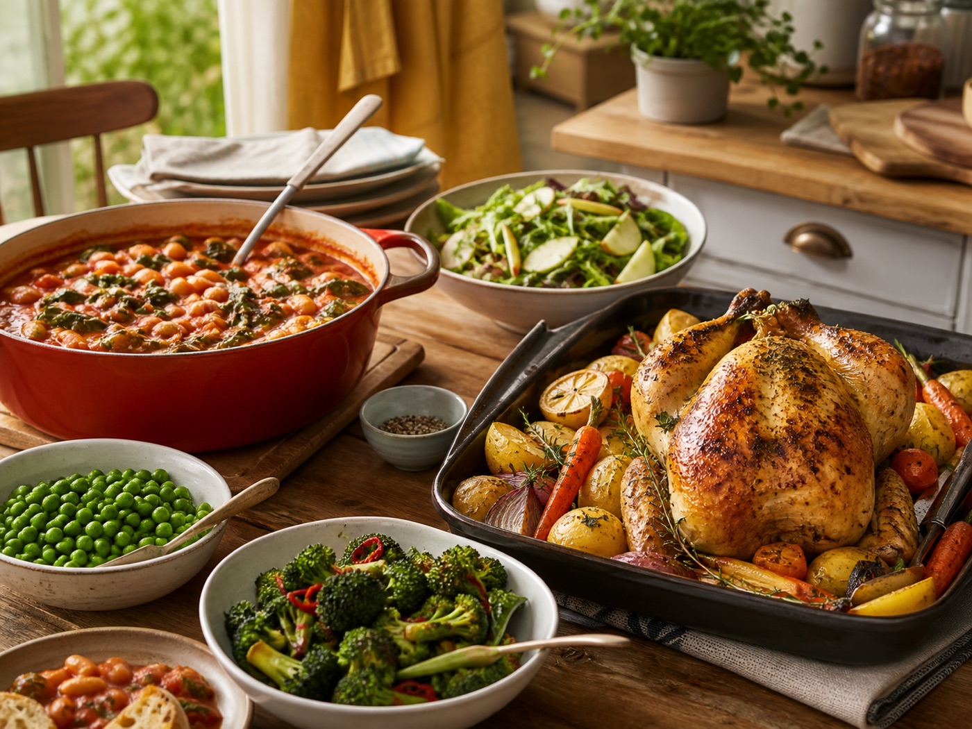 Roast chicken, one-pot dish and vegetables for a family meal