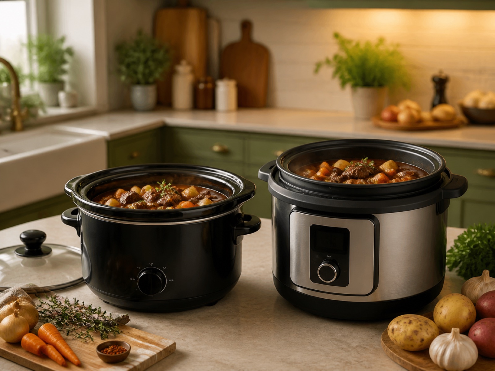 Slow cooker and electric multi-cooker filled with stew