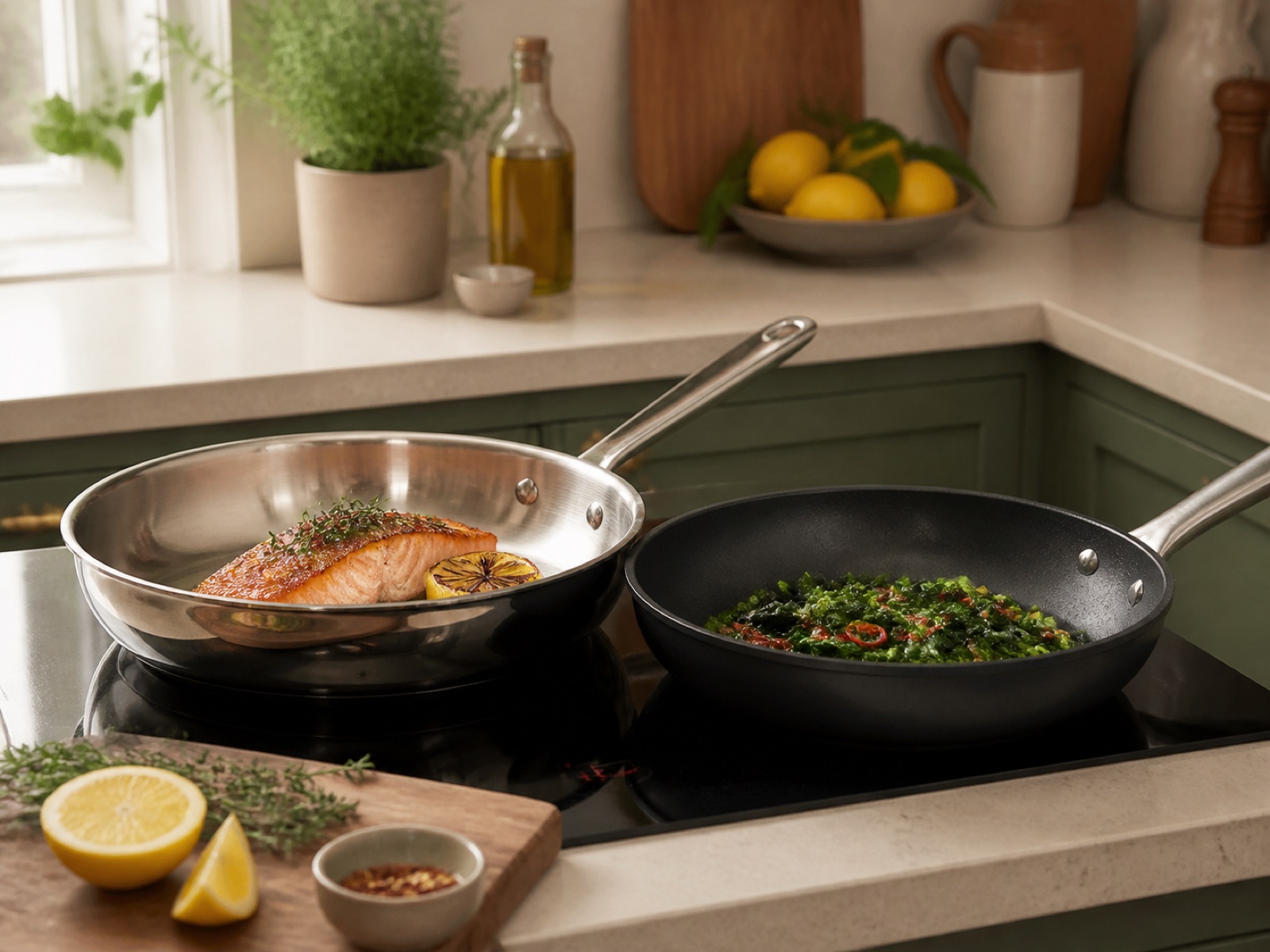 Stainless-steel pan with salmon beside a non-stick pan with vegetables