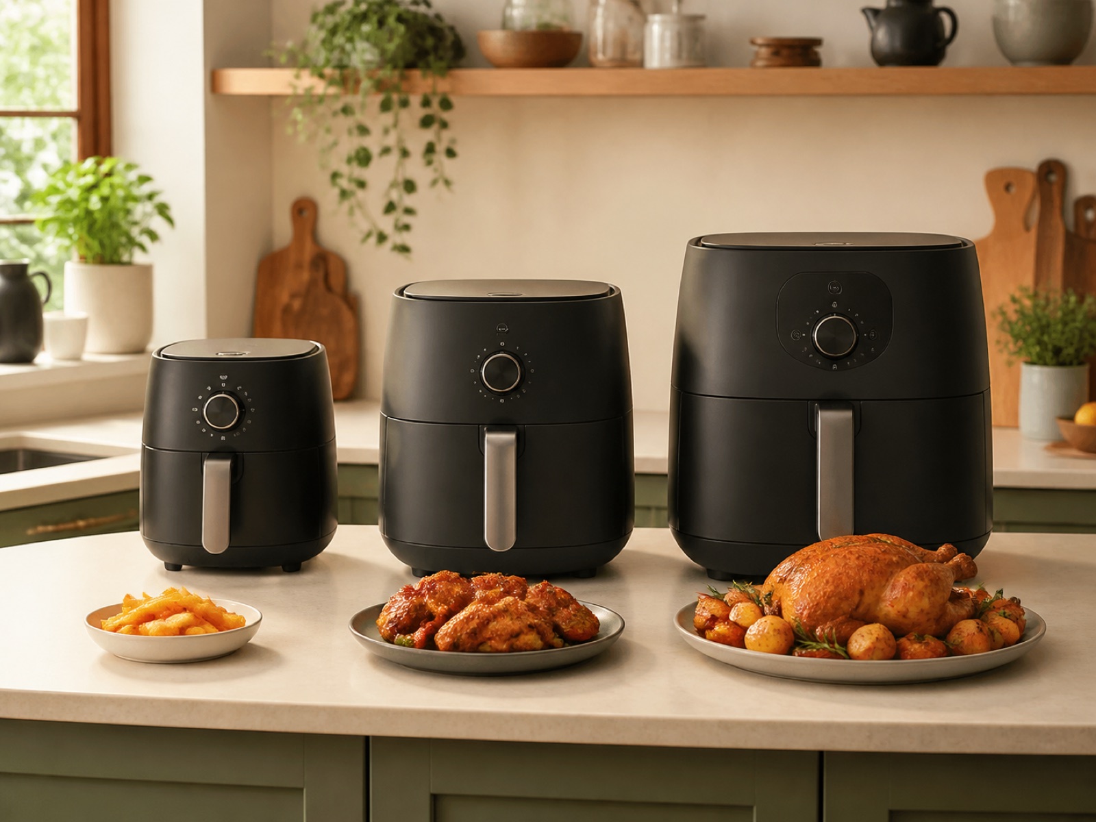 Three air fryers in compact, medium and large sizes